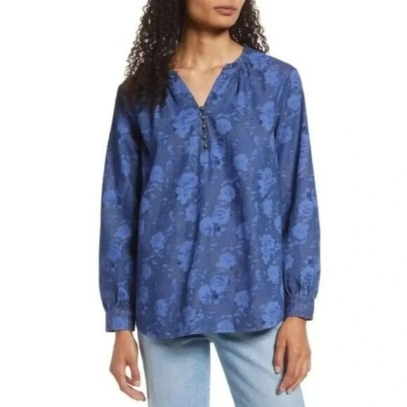 BeachLunchLounge Lyzza Blue Denim Floral Long Sleeve Blouse S - Picture 1 of 4
